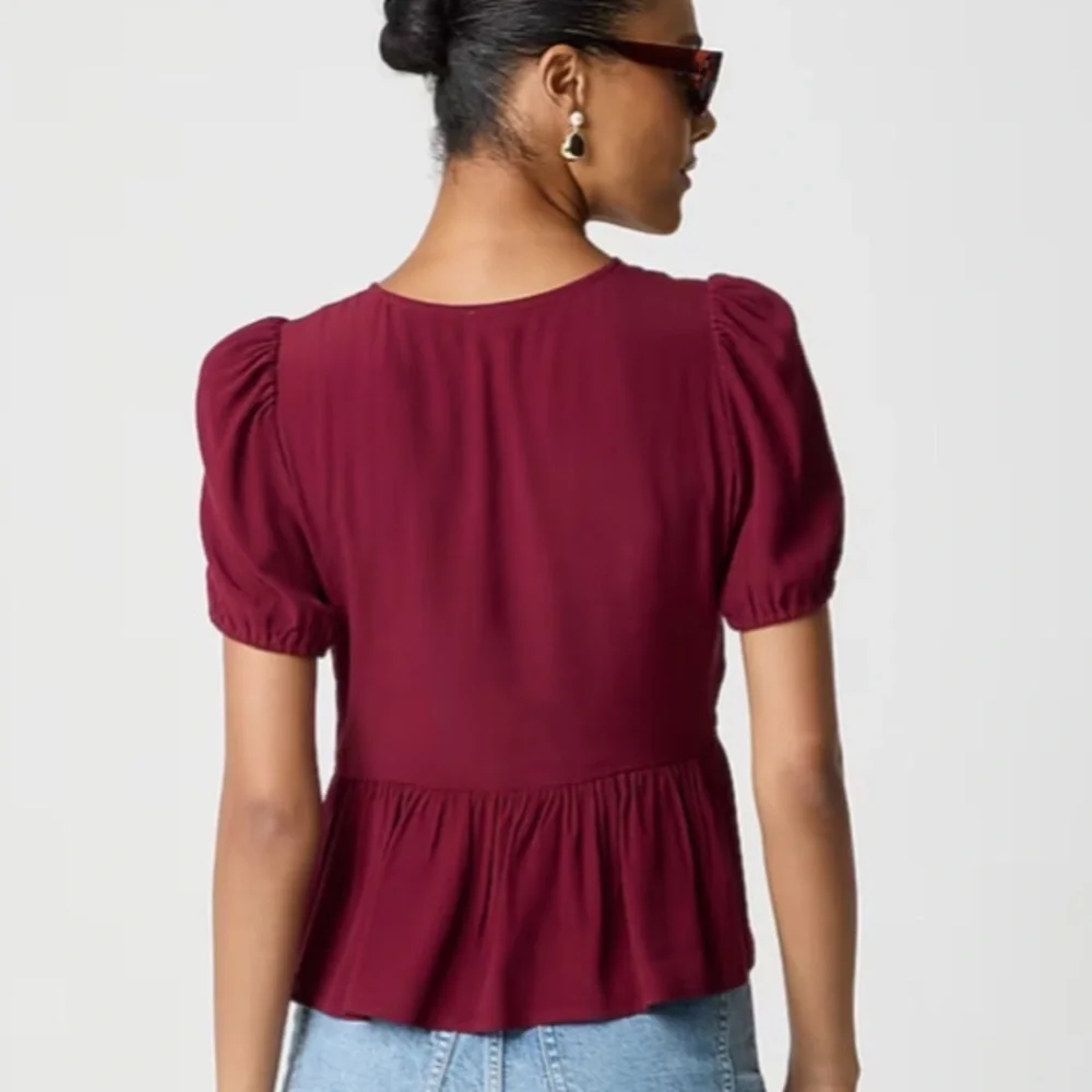 J crew vintage burgundy Tie-front puff-sleeve top